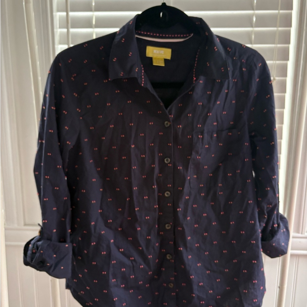 Maeve Navy Button-Down Shirt with Small Pink Dot Print - 100% Cotton